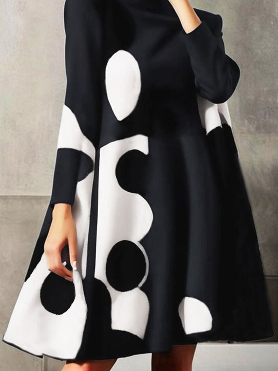 Polka-Dot Split-Joint A-Line Long Sleeves Mock Neck Mini Dresses