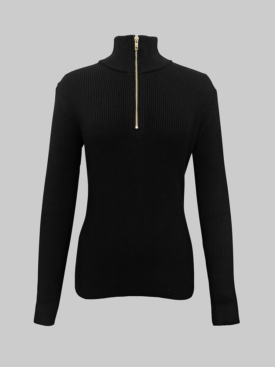Long Sleeves Skinny Solid Color Zipper High Neck Pullovers