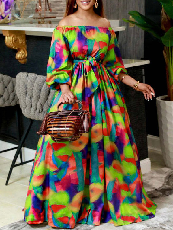 Puff Sleeves Printed Tied Waist Off-The-Shoulder Maxi Dresses