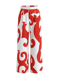 Contrast Color Pockets Printed Split-Joint High Waisted Loose Trousers Pants