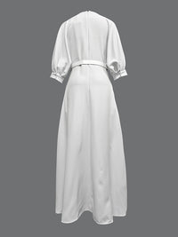 Half Sleeves Loose Belted Solid Color Deep V-Neck Maxi Dresses