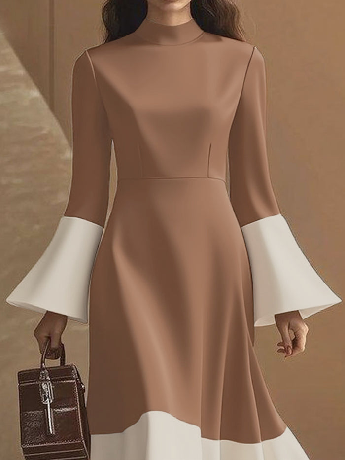 Contrast Color Pleated Split-Joint Flared Sleeves High Waisted Mock Neck Maxi Dresses