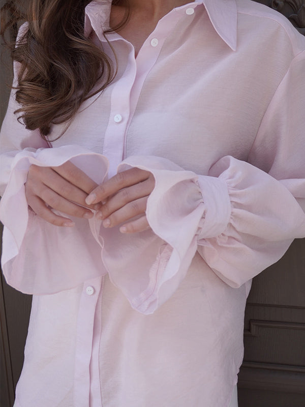 Pleated Solid Color Split-Joint Loose Puff Sleeves Lapel Blouses&shirts Tops