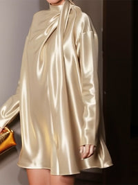Shiny Solid Color Long Sleeves Loose High Neck Mini Dresses