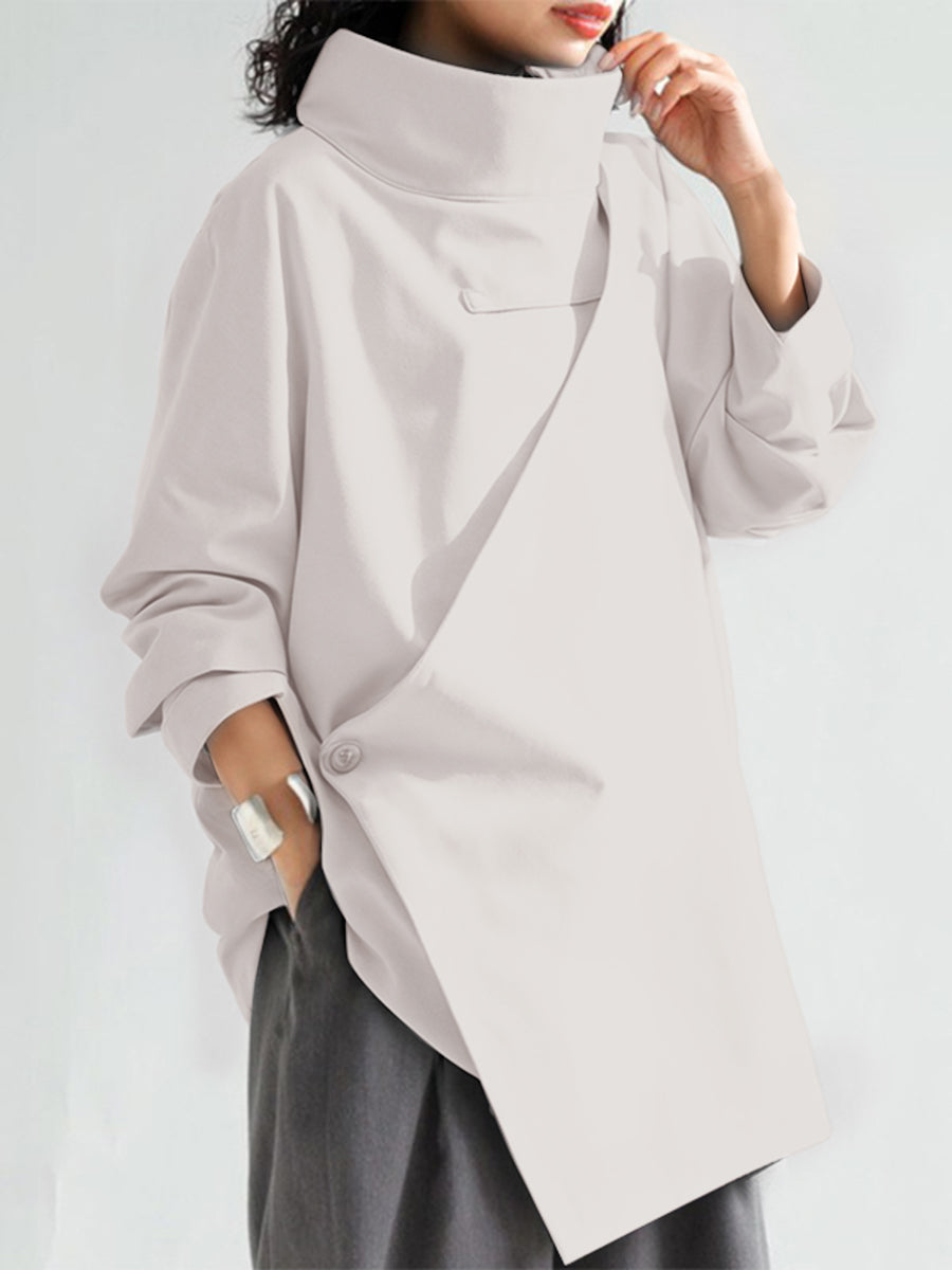 Solid Color Long Sleeves Loose High Neck T-Shirts Tops