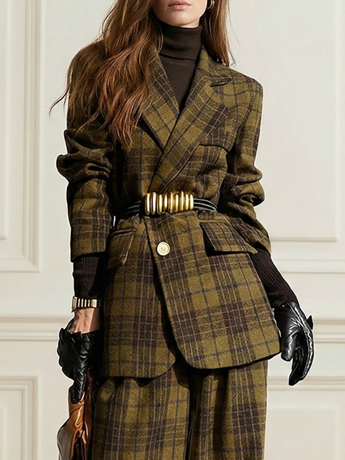 Plaid Split-Joint Lapel Woolen Coat Jackets
