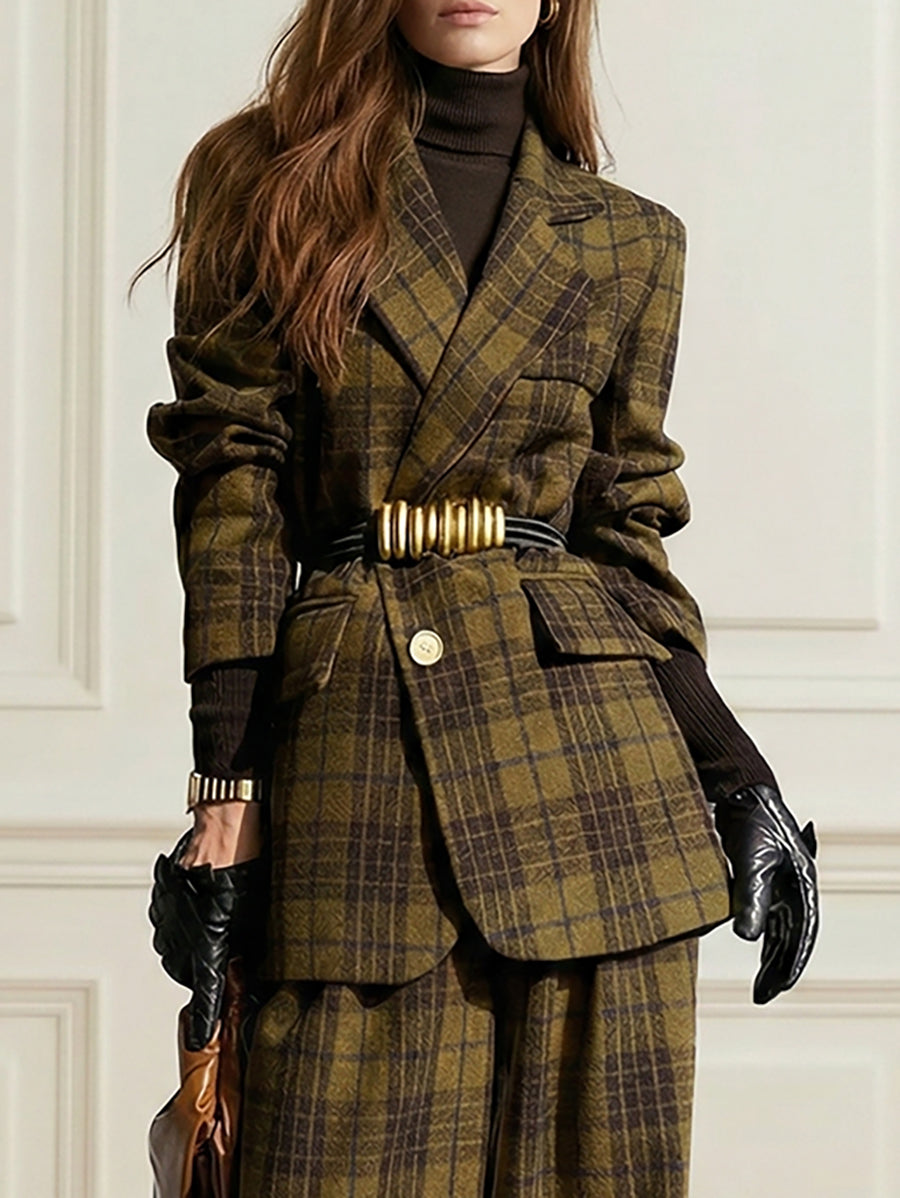 Plaid Split-Joint Lapel Jackets Woolen Coat