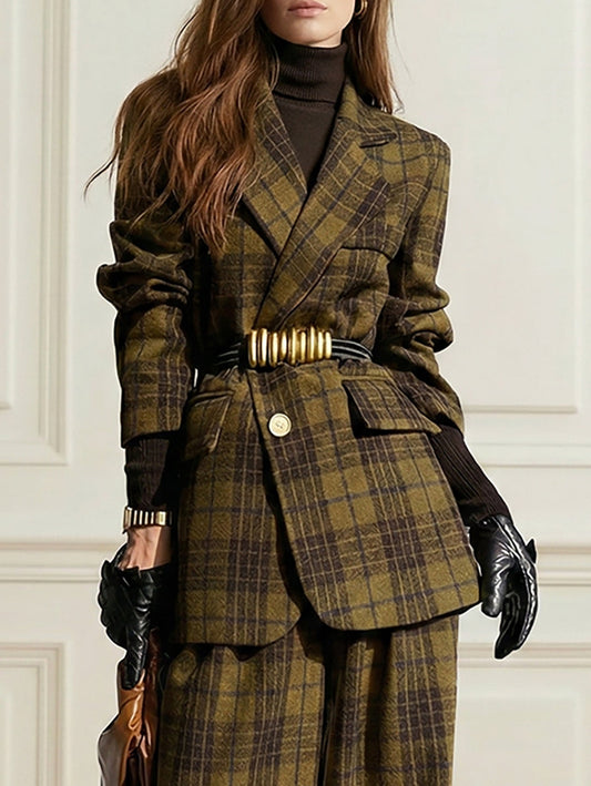 Plaid Split-Joint Lapel Jackets Woolen Coat