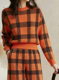 Contrast Color Plaid Long Sleeves Mock Neck Sweater Tops