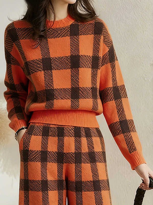 Contrast Color Plaid Long Sleeves Mock Neck Sweater Tops