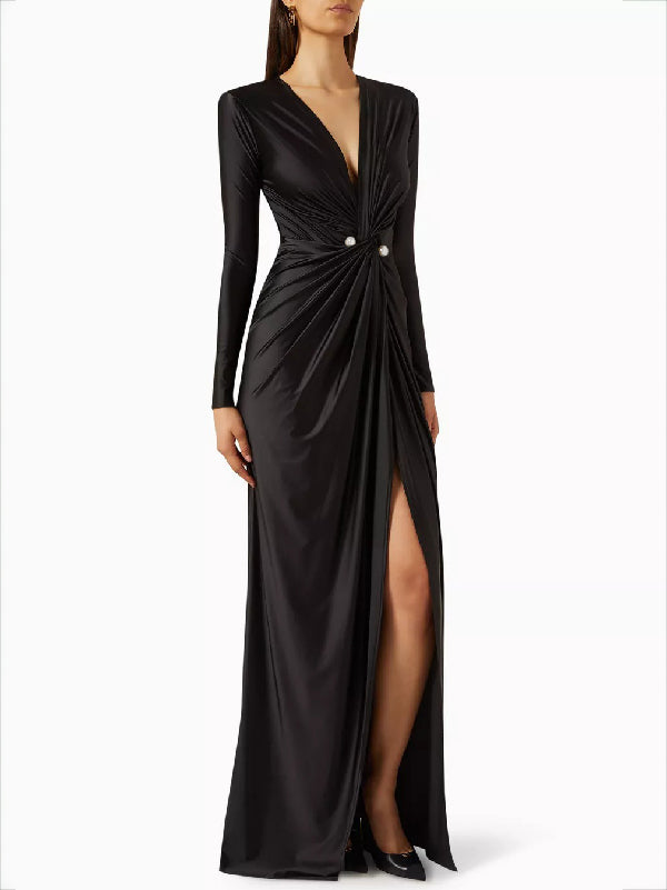 Solid Color Bodycon Long Sleeves Pleated  Split-Front Tied Waist Deep V-Neck Maxi Dresses