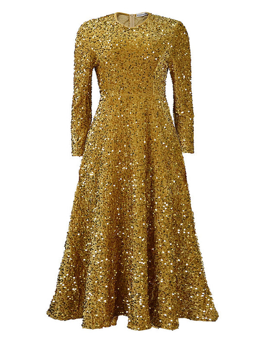 A-Line High Waisted Sequined Split-Joint Zipper Round-Neck Maxi Dresses