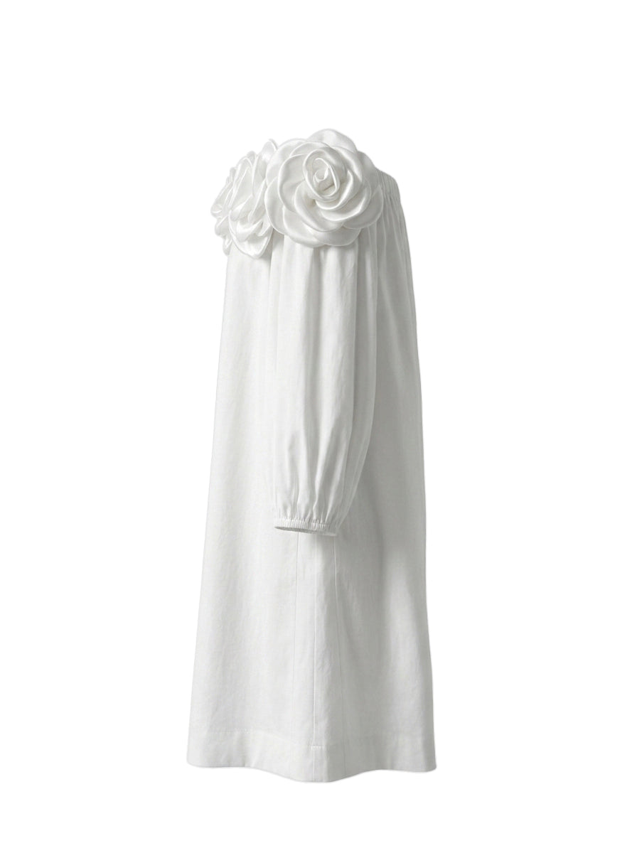 Pockets Solid Color Three-Dimensional Flower Half Sleeves Loose Off-The-Shoulder Mini Dresses