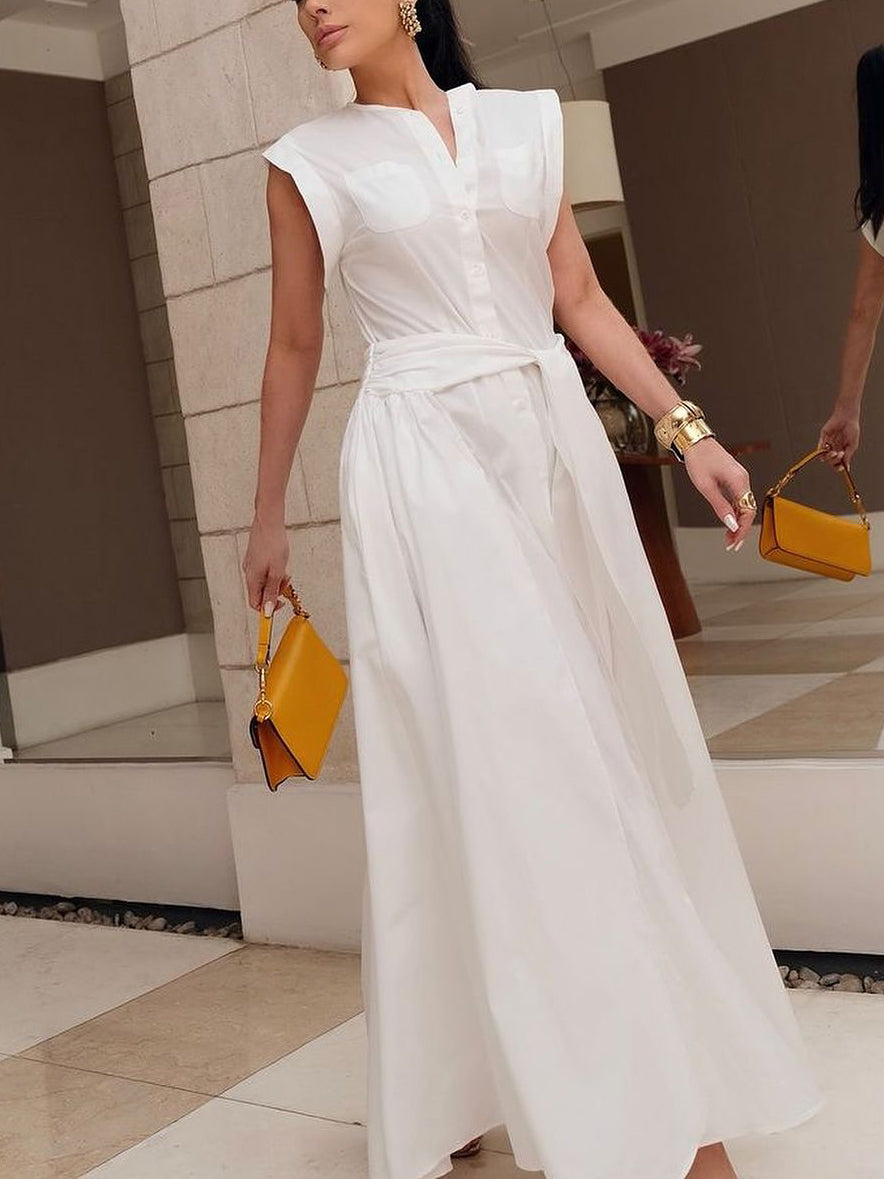 Buttoned Solid Color Split-Side Tied Waist Cap Sleeve Loose Shirt Dress Maxi Dresses