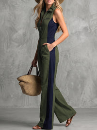 Contrast Color Pockets Zipper Sleeveless Wide Leg Lapel Jumpsuits