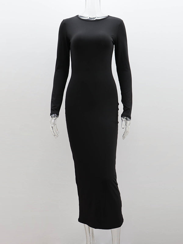 Bodycon Long Sleeves Solid Color Split-Joint Round-Neck Maxi Dresses