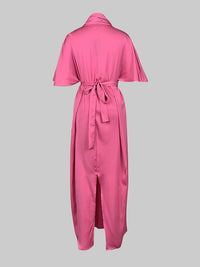 Loose Short Sleeves Asymmetric Pleated Solid Color Split-Joint V-Neck Maxi Dresses Shirt Dress