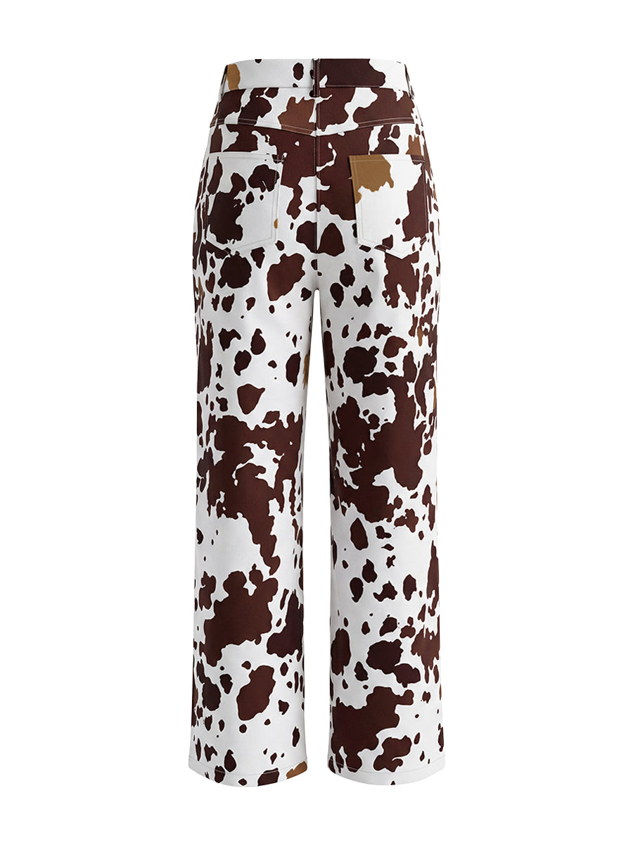 Elasticated Waist High Waisted Contrast Color Cow Printed Split-Joint Pants