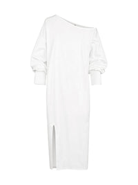 Solid Color Split-Side Long Sleeves Loose One-Shoulder Midi Dresses