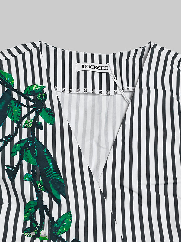 A-Line Loose Asymmetric Split-Joint Striped V-Neck Maxi Dresses Shirt Dress