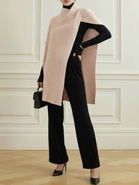 Asymmetric Solid Color Split-Joint Loose High Neck Sweater Tops