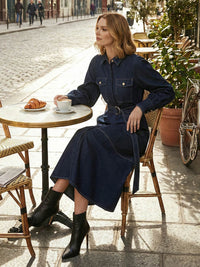 Puff Sleeves Belted Buttoned Pockets Split-Joint Lapel Midi Dresses