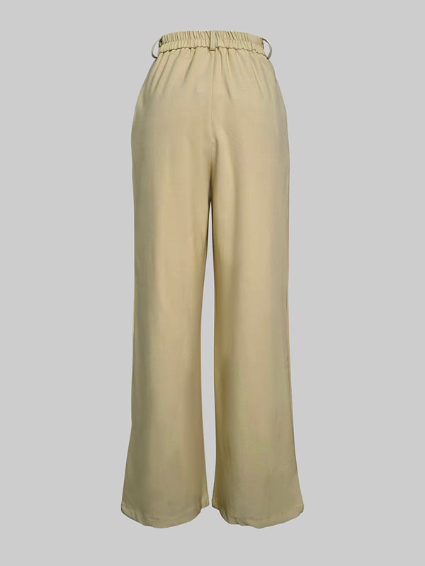High Waisted Wide Leg No Belt Pleated Pockets Solid Color Pants Trousers