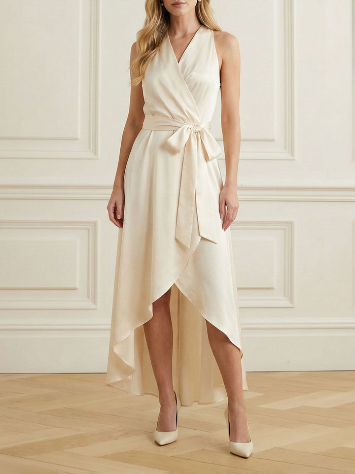 High-Low Loose Ruffle Trim Solid Color Tied Waist V-Neck Maxi Dresses