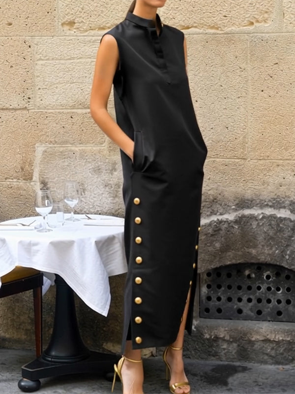 Buttoned Solid Color Split-Side Sleeveless Stand Collar Shirt Dress Maxi Dresses