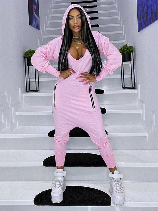 V-Neck Hollow Hooded Pocket Long Sleeve  Athletic Jumpsuit
