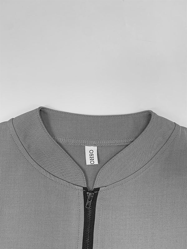 Loose Short Sleeves Solid Color Zipper V-Neck Blouses&Shirts Tops