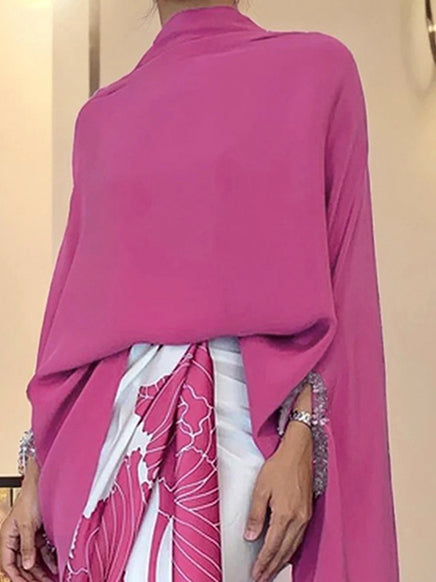 Solid Color Batwing Sleeves Irregular clipping Stand Collar Blouses&shirts Tops