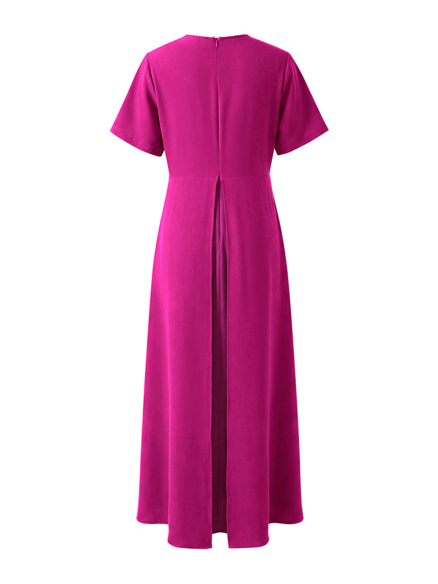 A-Line High Waisted Pleated Solid Color Split-Joint Round-Neck Maxi Dresses