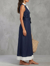 Buttoned Contrast Color Pockets Tied A-Line Loose Lapel Maxi Dresses
