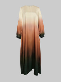 A-Line Long Sleeves Elasticity Gradient Pockets Round-Neck Maxi Dresses