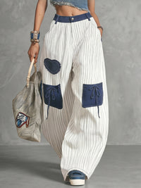 High Waisted Loose Buttoned Contrast Color Pockets Split-Joint Striped Tied Pants Trousers