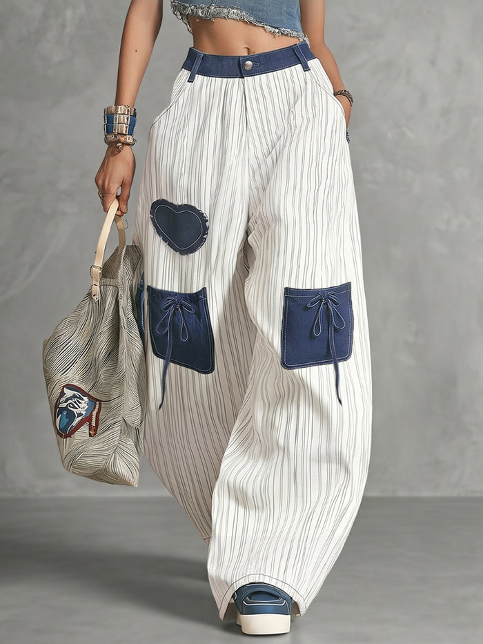 High Waisted Loose Buttoned Contrast Color Pockets Split-Joint Striped Tied Pants Trousers