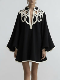 Flared Sleeves Loose Contrast Color Hollow Stand Collar Mini Dresses