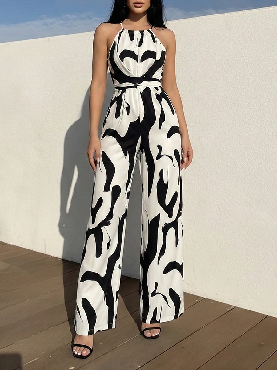 Contrast Color Pleated Loose Sleeveless Spaghetti-Neck Jumpsuits