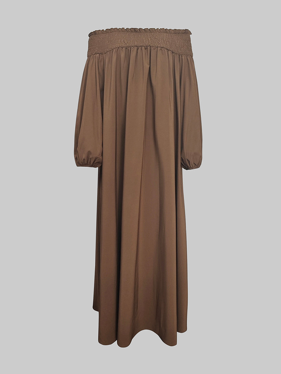 Loose Puff Sleeves Elasticity Pleated Solid Color Off-The-Shoulder Maxi Dresses