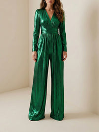 High Waisted Three-Quarter Sleeves Shiny Solid Color Deep V-Neck Jumpsuits Bottoms