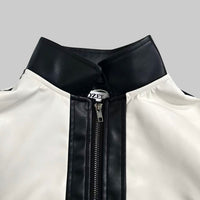 Puff Sleeves Contrast Color Split-Joint Zipper Stand Collar Jackets&Coats