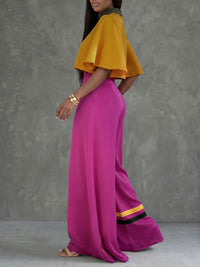 Contrast Color Pleated Cropped Flared Sleeves Stand Collar Blouses&Shirts Tops