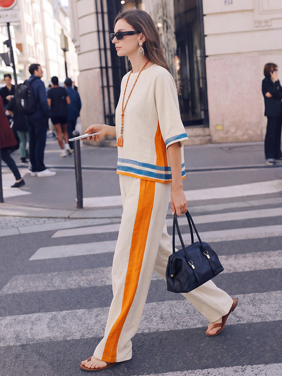 Striped Loose Three-quarter Sleeves Round-neck Blouses&shirts Tops