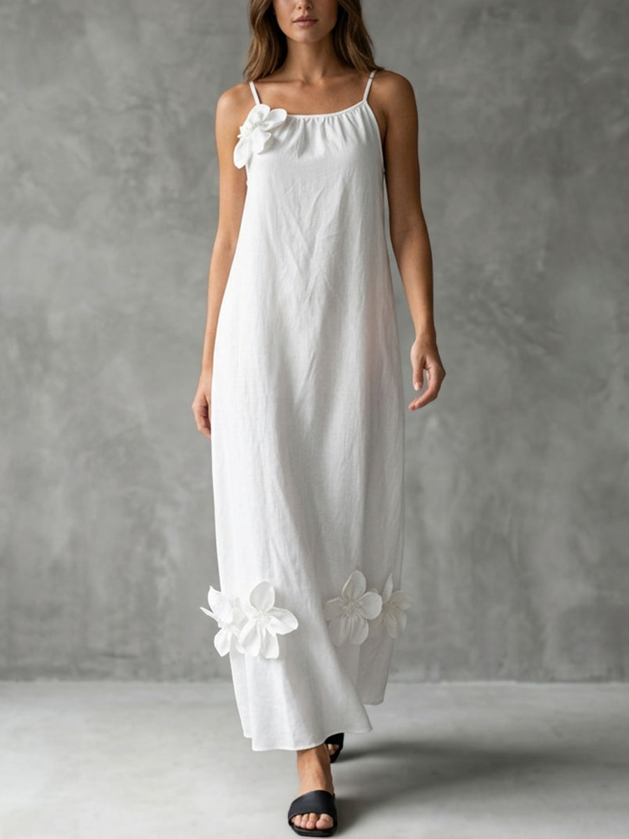 Pleated Solid Color Split-Joint Three-Dimensional Flower A-line Loose Spaghetti-Neck Midi Dresses