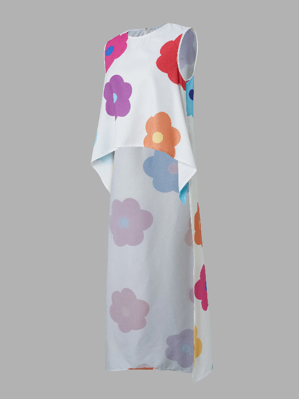 High-Low Loose Contrast Color Floral Printed Round-Neck Vest Top