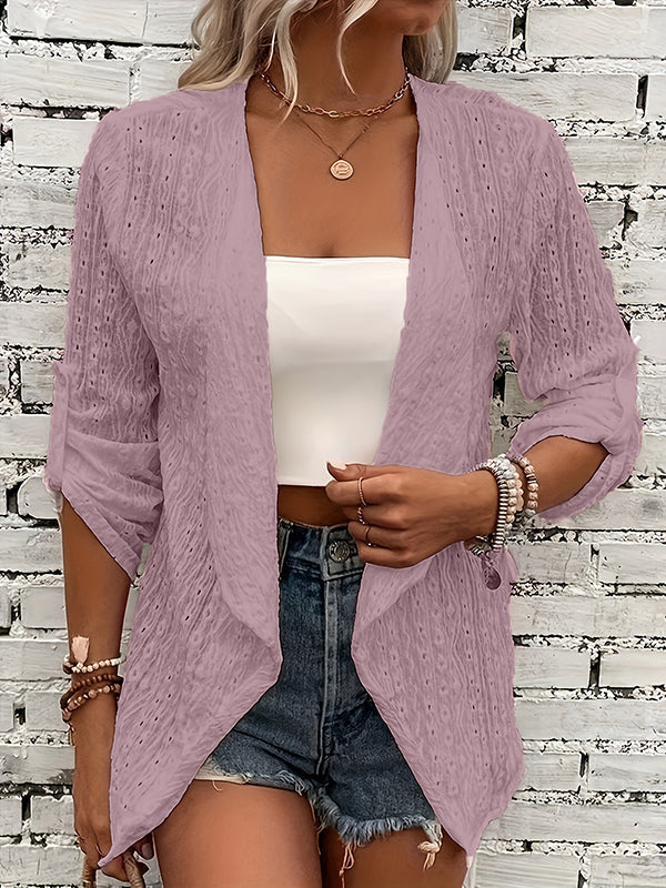 Long Sleeves Loose Buttoned Hollow Jacquard Solid Color Collarless Outerwear