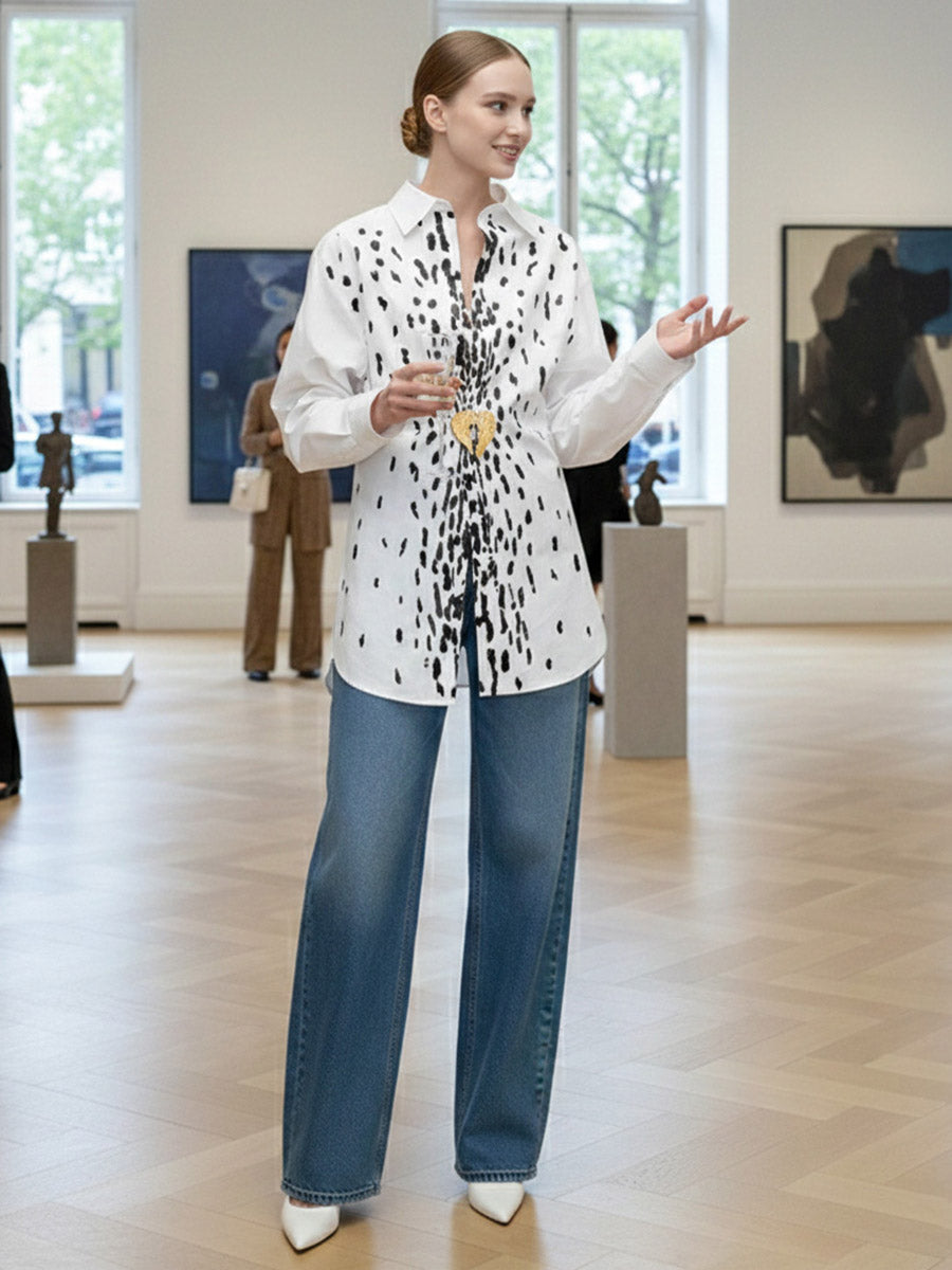 Long Sleeves Loose Brooch Elasticity Heart Shape Pleated Print Lapel Collar Blouses&Shirts Tops