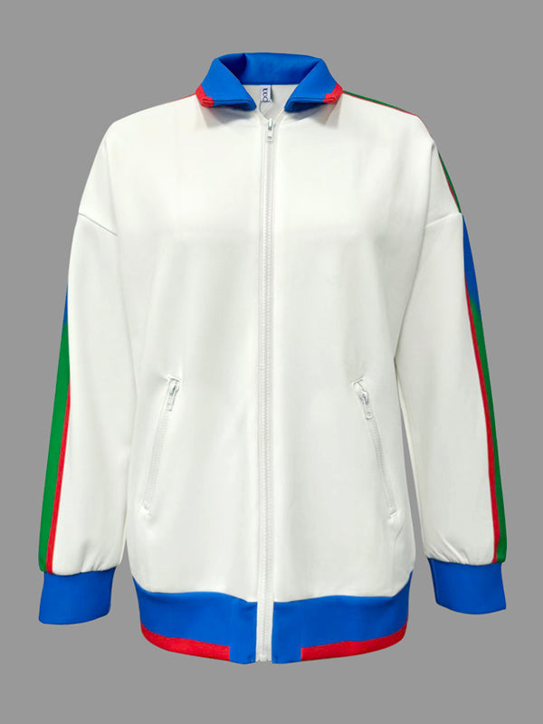 Long Sleeves Loose Contrast Color Striped Zipper Lapel Outerwear