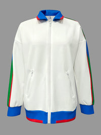 Long Sleeves Loose Contrast Color Striped Zipper Lapel Outerwear